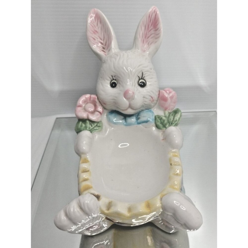 Ceramic Easter Bunny   Trinket Candy DishVtg. Pink Blue White Flower Egg 6.5"X7"